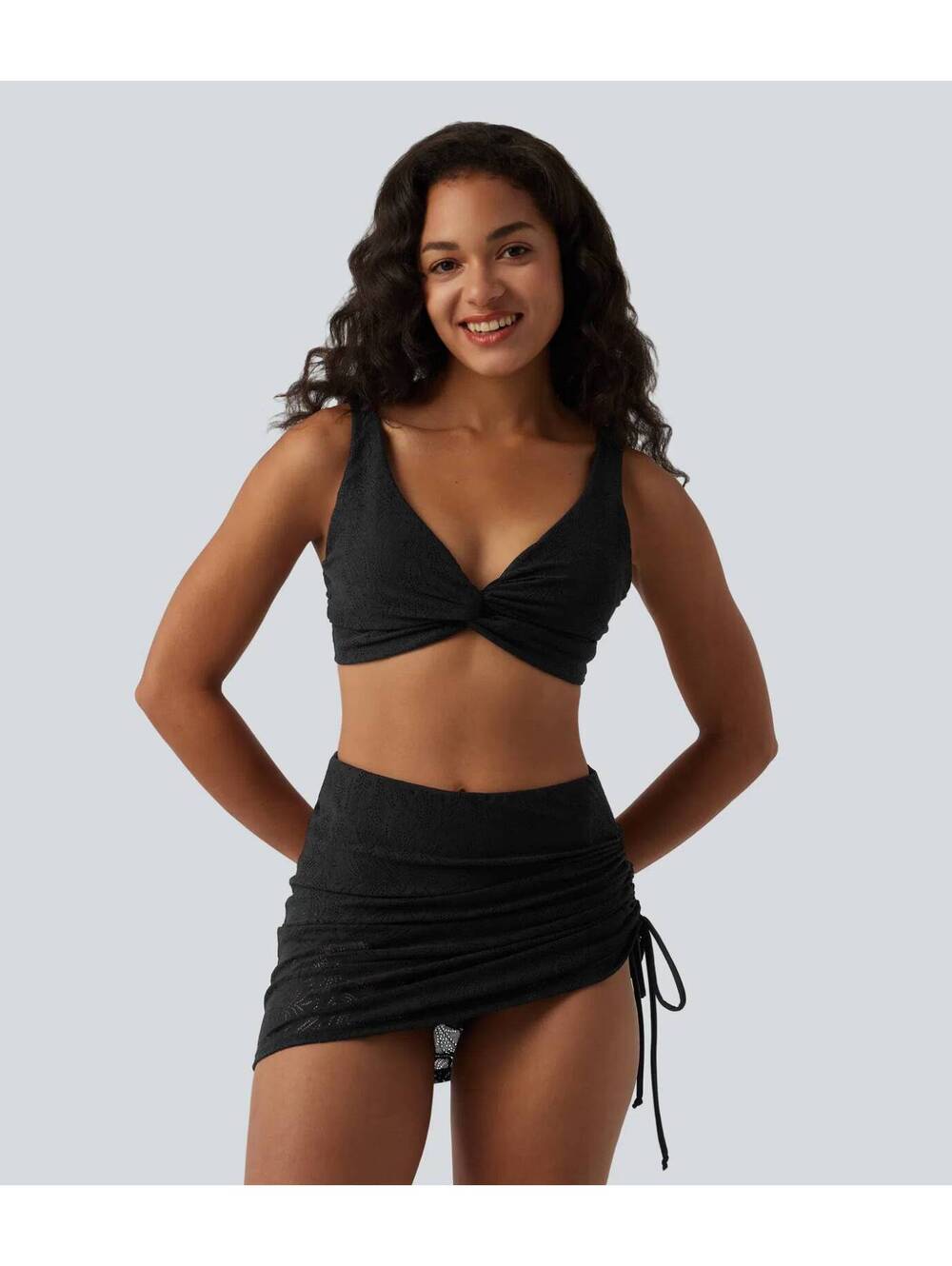 Halara Tummy Control Drawstring 2-in-1 Lace Overlay Swim Skort Black Size M